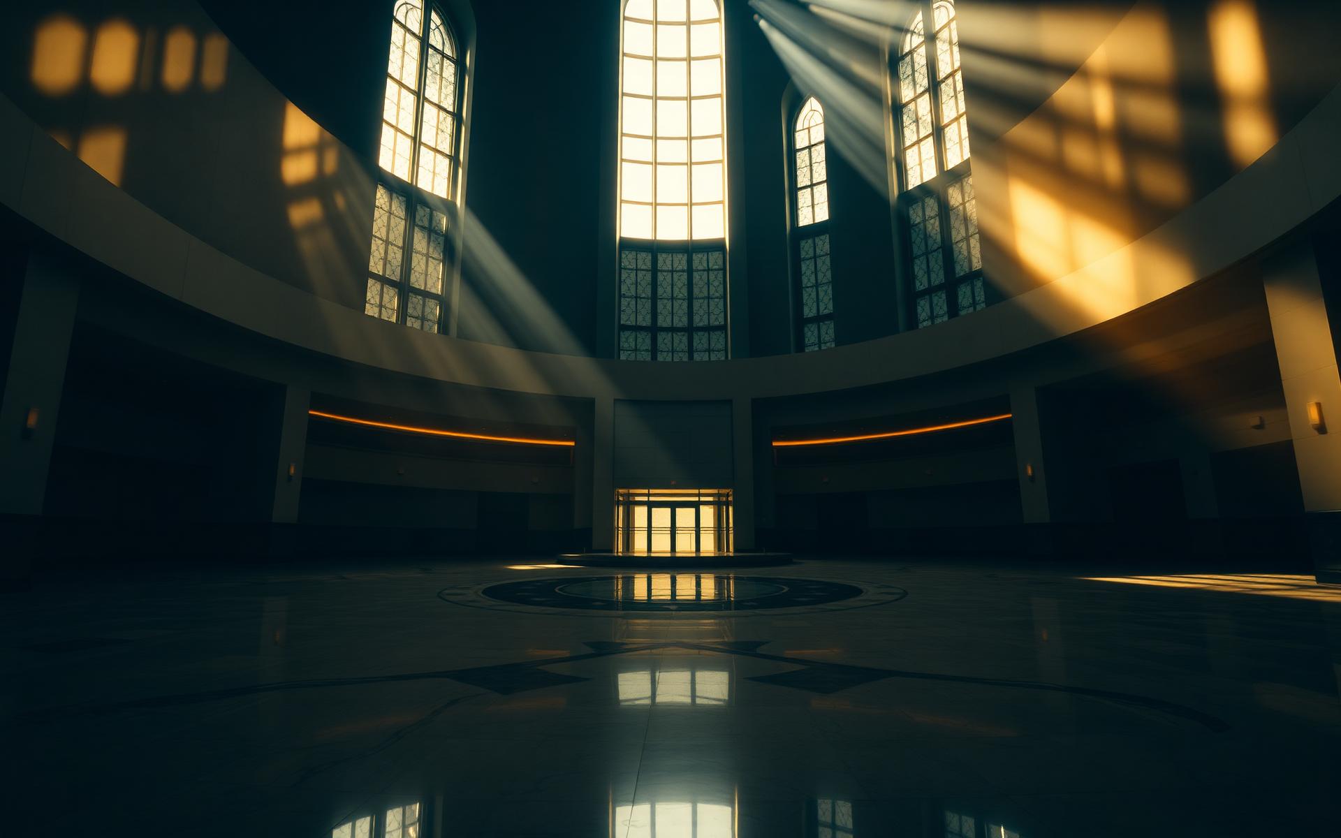 Interior of a grand courthouse rotunda lit by dramatic natural light